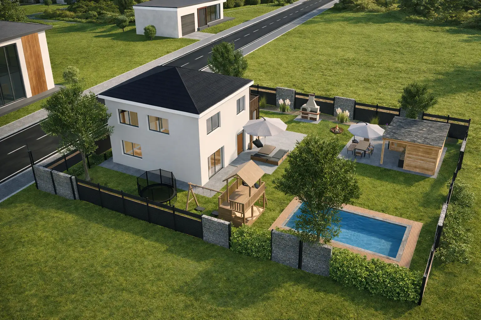 In 3D geplantes Zuhause mit Garten, Terrasse, Pool und Gartenhaus
